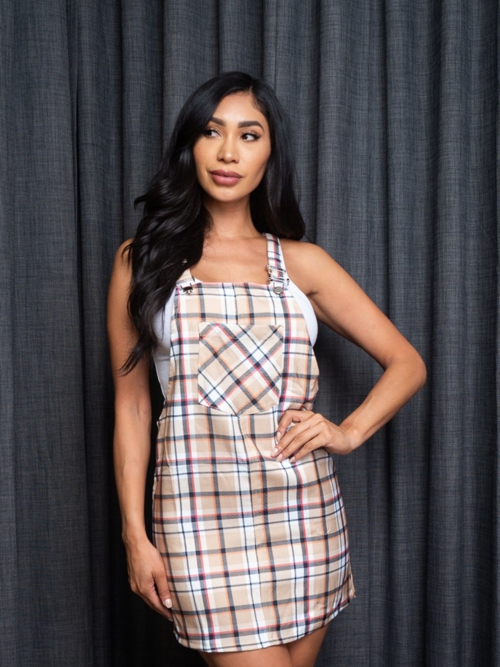 Jules & Joy Beige Plaid Overall Dress - Picture 5 of 5
